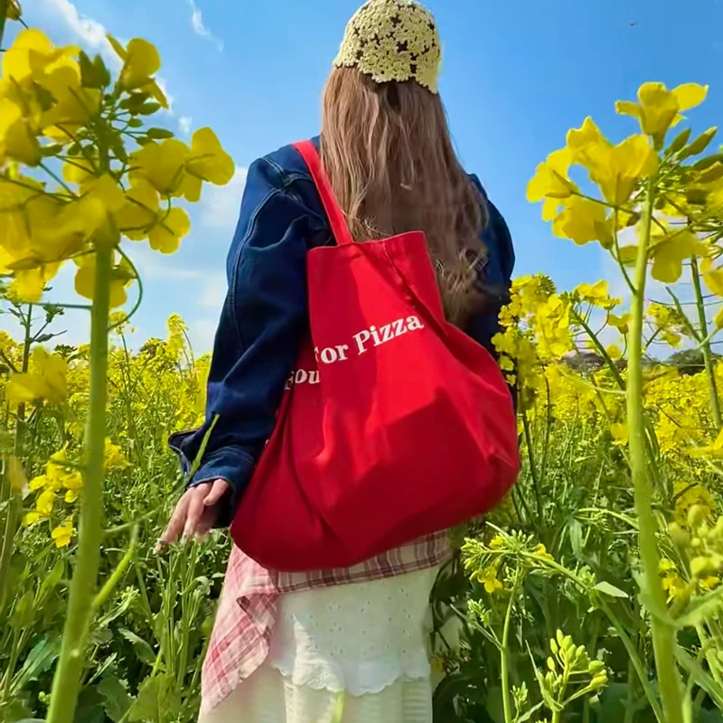 韩国ins小众设计感大容量红色字母帆布包单肩包简约百搭购物袋女