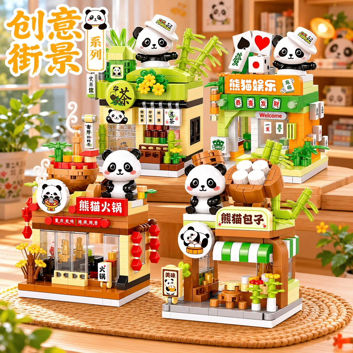小红书同款熊猫积木建筑小屋场景DIY拼装创意模型儿童玩具摆件6岁